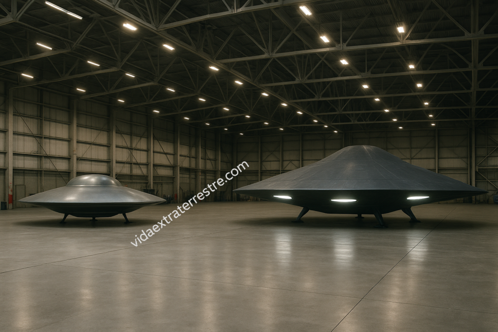 imagen de un hangar en el area 51 con ovnis, hecha por vidaextraterrestre.com