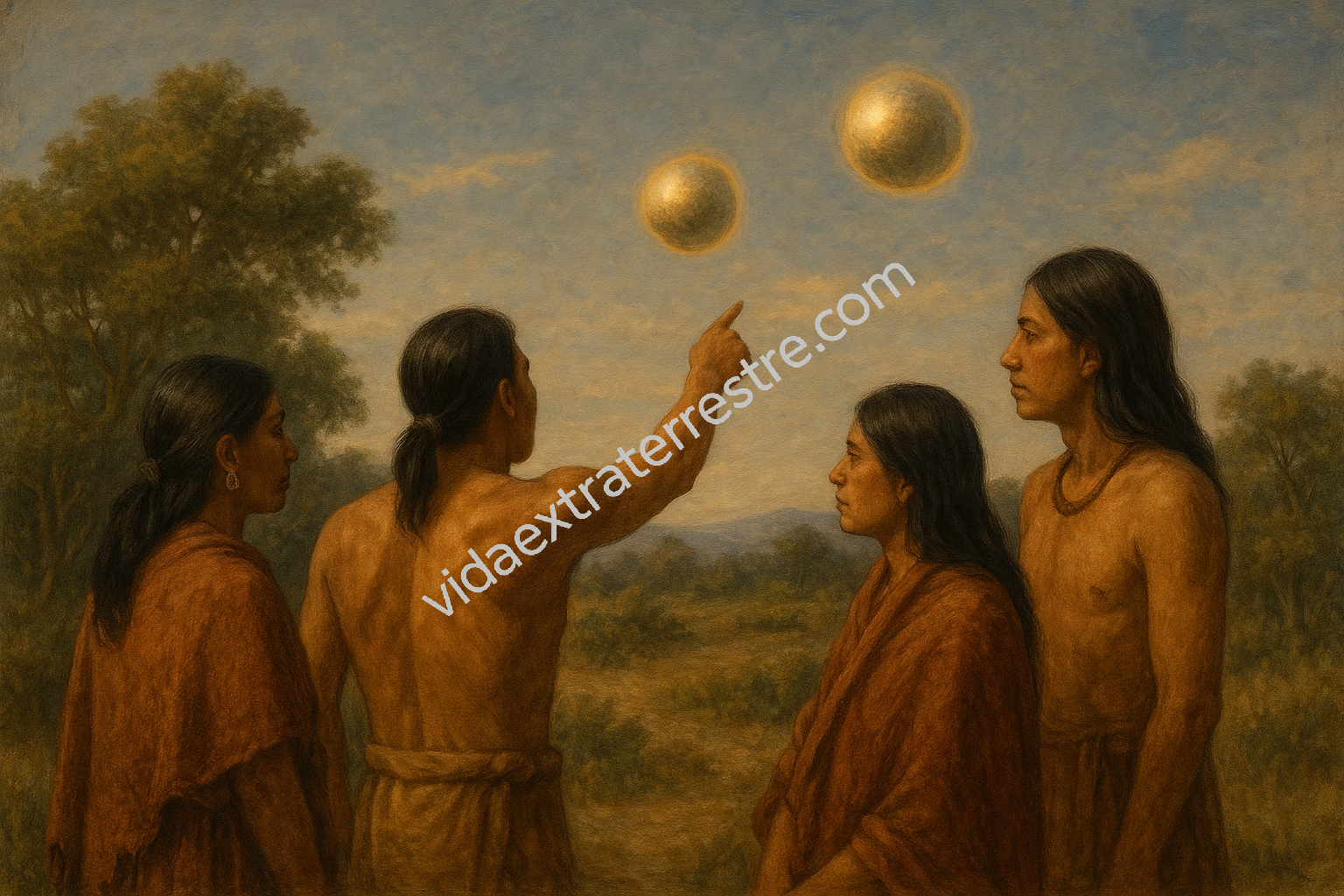 indígenas avistando ovnis tipo esfera, imagen hecha por vidaextraterrestre.com