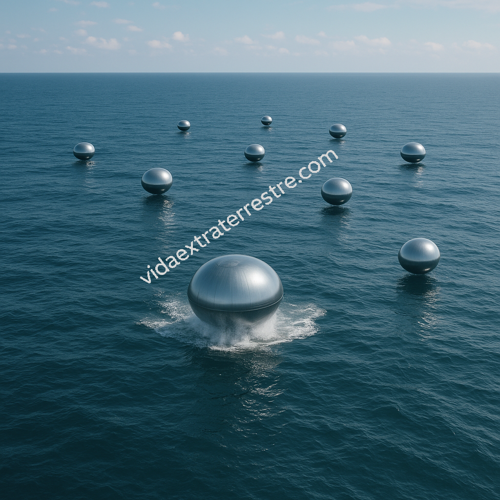 imagen de ovni esfera saliendo del mar, hecha por vidaextraterrestre.com