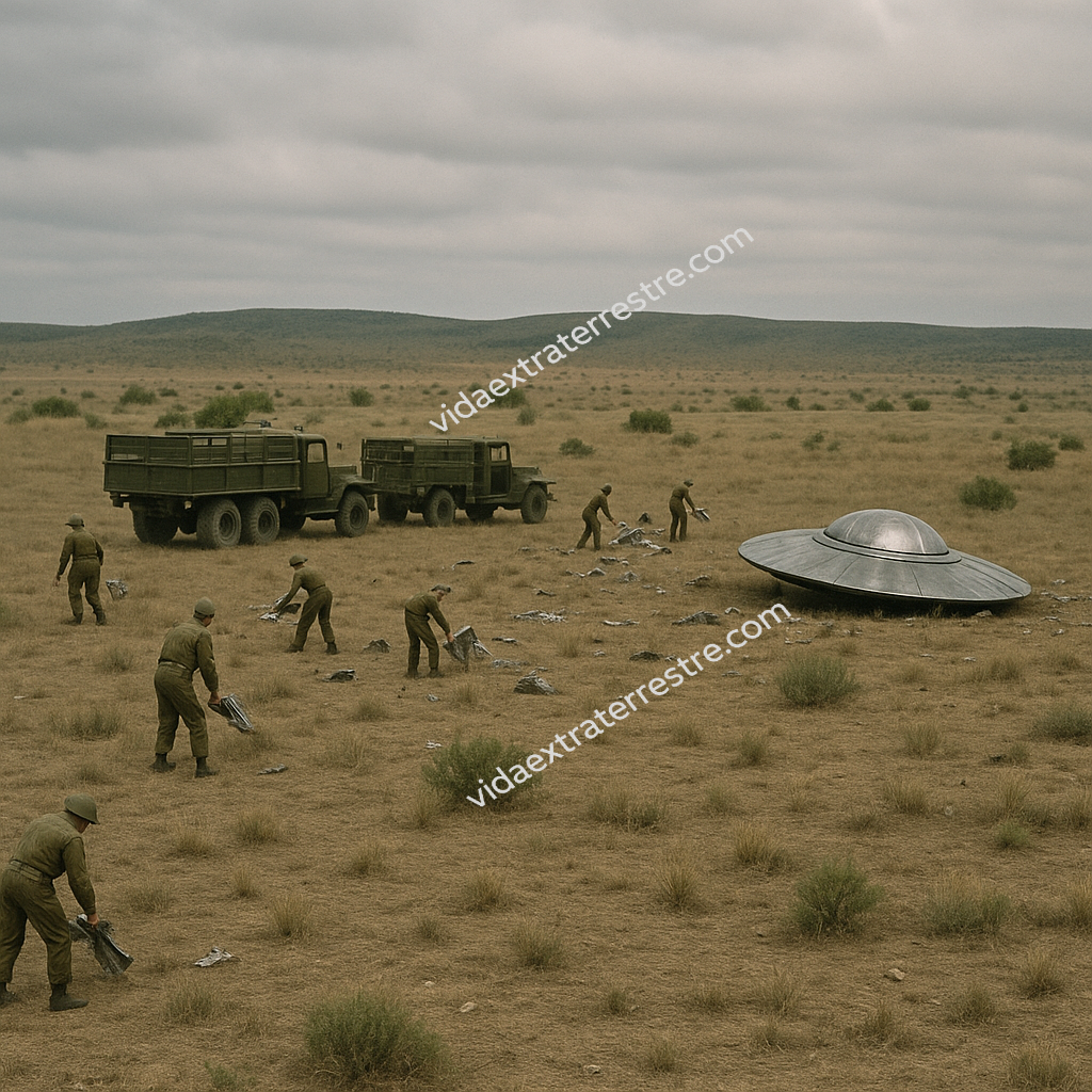 imagen de incidente de roswell, mostrando militares recogiendo basura, hecha por vidaextraterrestre.com